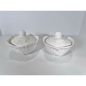 VTG OLFAIRE Portugal White Ceramic Shell Lidded Bowls Set Of 2- Coastal‎ Cottage
